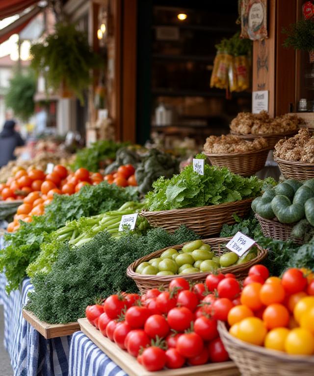 Un banco del mercato con verdure fresche locali e prodotti artigianali siciliani.