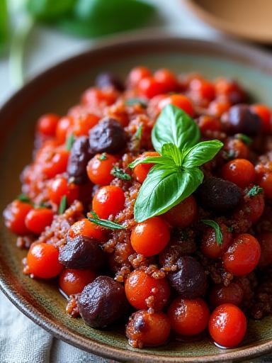 Piatto di Caponata Siciliana guarnita con basilico fresco.